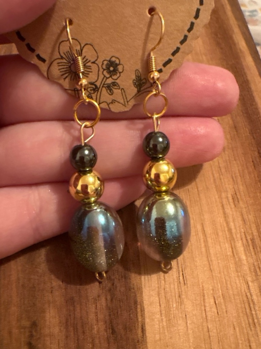 Handmade Gold and Iridescent Black Beaded Drop Earrings